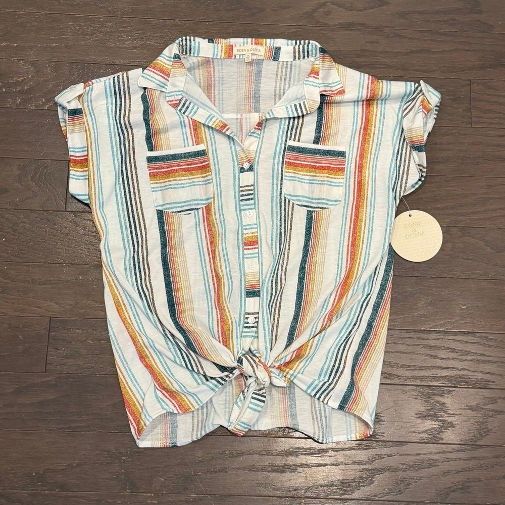 Eden & Olivia Women Multicolor Striped Tie Front Button Down Shirt Medium‎ NWT